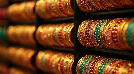 Colorful bangles display in market. Indian traditional style wedding bracelets. Fashion colorful bracelets on shelf. Ethnic design, retail store, bazaar, handmade jewelry.