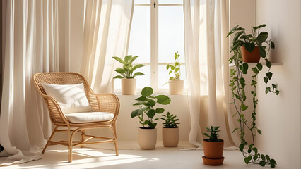 Bright Minimalist Scandinavian Living Room with Natural Light and Indoor Plants
