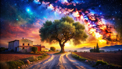 Surreal Landscape Colorful Nebula Sky over Country Road and Tree