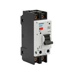 A new, modern Ground Fault Circuit Interrupter (GFCI) breaker with durable plastic casing, test/reset buttons, and copper terminals, isolated on a pristine transparent background with shadowless