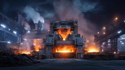 Dramatic nighttime view captures the intensity of a steel mill furnace a mesmerizing scene of molten metal and industrial machinery in powerful contrast