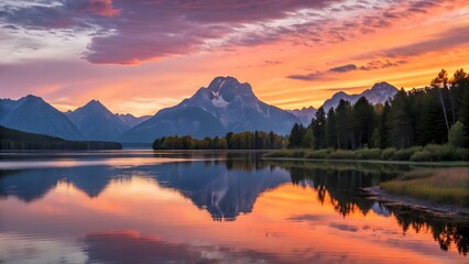 Fototapeta premium Mountains reflect in a calm lake during a vibrant sunset in grand teton national park