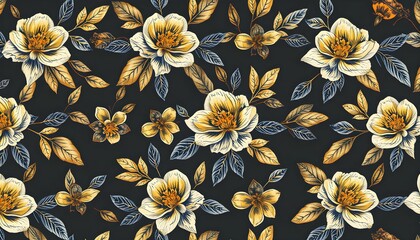 Elegant floral pattern featuring creamy white and gold blossoms on a dark background.