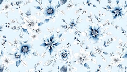 Delicate watercolor floral pattern in shades of blue and white, featuring various blossoms and leaves on a light blue background.