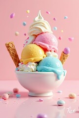 Clay-morphism 3D Ice Cream Illustration With a Vibrant Shiny Style Using Bright Pastel Colors On The Background