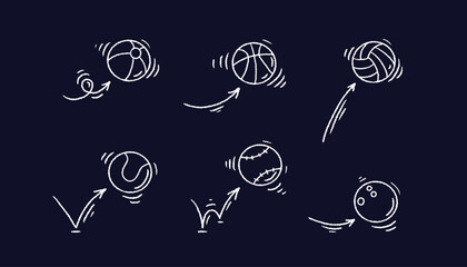 Ball bounce Arrows line comic set Baseball, tennis