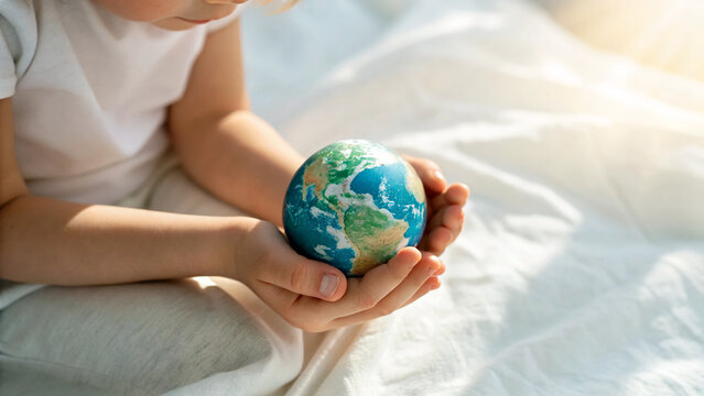 Child's hands holding colorful globe, soft lighting, Earth Day