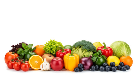 A vibrant assortment of fresh vegetables and fruits including tomatoes, orange slice, garlic, peppers, lettuce, broccoli, onion, cabbage, and blueberries artistically arranged