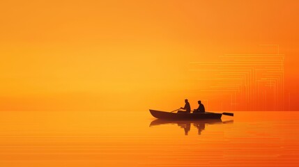 Serene Sunset Reflection with Two People in Rowboat on Calm Water in Vibrant Orange Hue