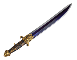 Angled Fantasy Sword with Curved Purple Blade and Intricate Gold Handle, Isolated on Transparent Background