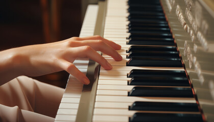 Close-up of female hand playing piano.