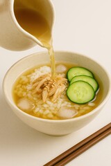 Cold Hiyajiru Soup Pouring Close-Up