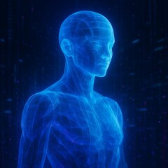 Holographic Human Figure in Digital Blue Light.