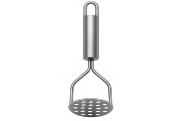 Metal potato masher on transparent background, kitchen utensil