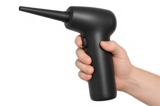 Hand holding a black electric air duster on transparent background