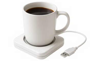 White mug containing hot coffee sitting on usb powered mug warmer on transparent background
