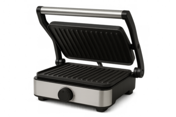 Electric grill with open lid on transparent background