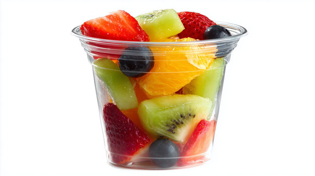 A clear plastic cup filled with freshly cut fruit, isolated on a white background.

