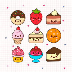 Cute kawaii food icons on checkered paper background
