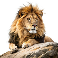 Fototapeta premium majestic lion resting on savanna rock – wild serenity in the african plains on transparent background 