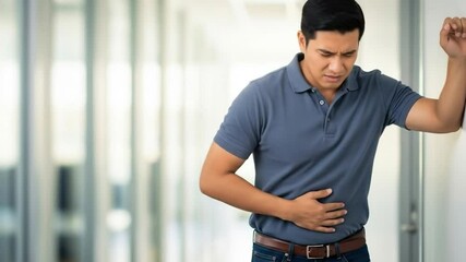 An asian man experiencing abdominal pain, leaning against a wall and holding his stomach in discomfort.