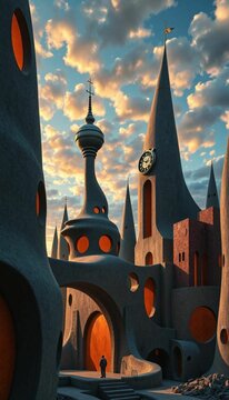 ilustracion de ciudad surrealista, arquitectura original