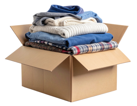 angled View of Clothes Overflowing from Open Box with Soft Fabrics Visible, Isolated on Transparent Background