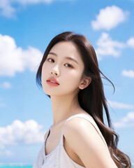 Portrait of young and beautiful Asian woman with long smooth black hair, blue sky and white clouds background, suitable for beauty salon, skin care products, plastic surgery organization