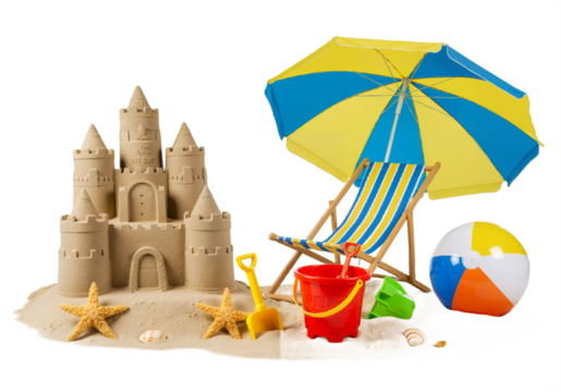 PNG Beach Fun Summer Vacation Essentials Set with Sunscreen, Sunglasses, Flip-Flops, Beach Ball, and Towels on Transparent Background
