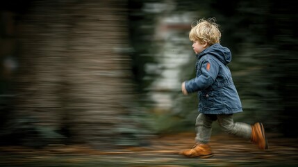 Naklejka premium Blonde caucasian child running outdoors in blue jacket