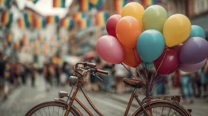 Bicycle with colorful balloons at vibrant street festival with rainbow flags