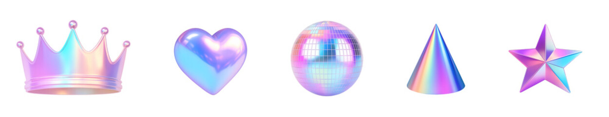 Set of 3D objects with holographic, iridescent metallized surface in holographic chrome and iridescent plastic style. Polished effect with high reflectivity. with soft inner glow and pearlescent gradi