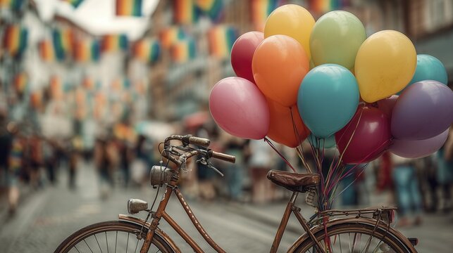 Bicycle with colorful balloons at vibrant street festival with rainbow flags