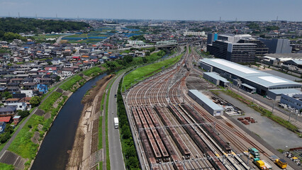 川和車両基地と町並み（空撮） - 横浜市都筑区,日本