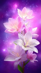 Fototapeta premium Delicate Pink and White Lilies on a Colorful Cosmic Background with Stars and Glowing Nebulae