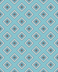 This pattern showcases diamond shapes in a grid on a blue background, with black and white outlines and red accents