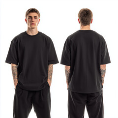 Front and back view of a young Caucasian man wearing a black oversized t-shirt and matching dark pants, standing against a white background, perfect for casual apparel, streetwear, and clothing mockup