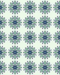 Delicate floral design showcases vibrant blue and green flowers repeated evenly on a soft light background, creating a harmonious visual flow