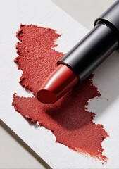 Vibrant Lipstick in Warm Coral Shade with Smooth Texture and Elegant Black Tube on White Surface for Beauty Fashion and Makeup Looks
