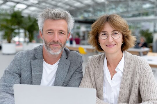 Professional mature man and woman sitting at table in bright modern office coworking space with laptop smiling at camera