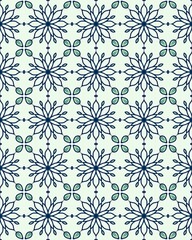 This seamless pattern features navy flowers and delicate green leaves on a soft light background, ideal for various designs