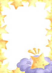 Frame with yellow sleeping little star watercolor illustration for baby desings. Hand drawn isolated postcard template from golden sparkle. Background with copy space in cute kids style for invitation
