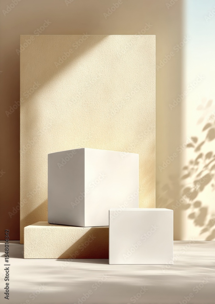 Poster minimalist abstract geometric composition with white cubes on concrete surface and soft natural ligh
