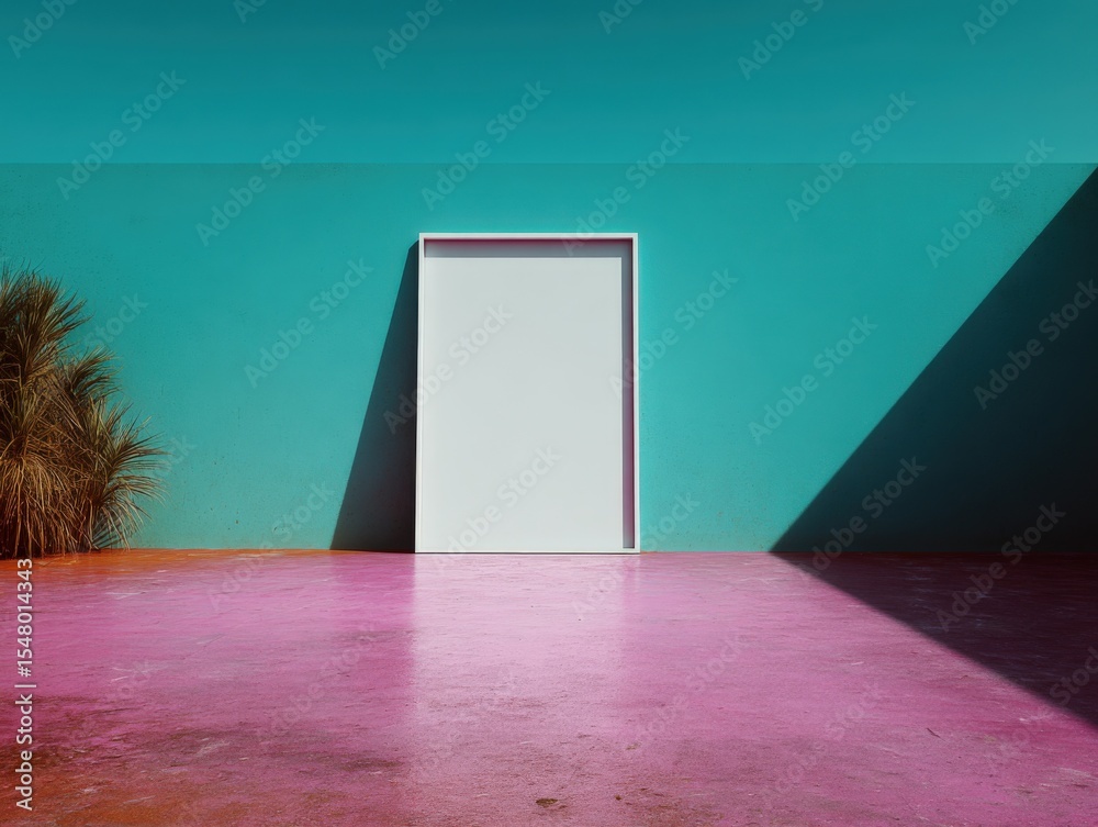 Poster minimalist doorway against bright teal wall with pink floor and shadow play creating geometric compo