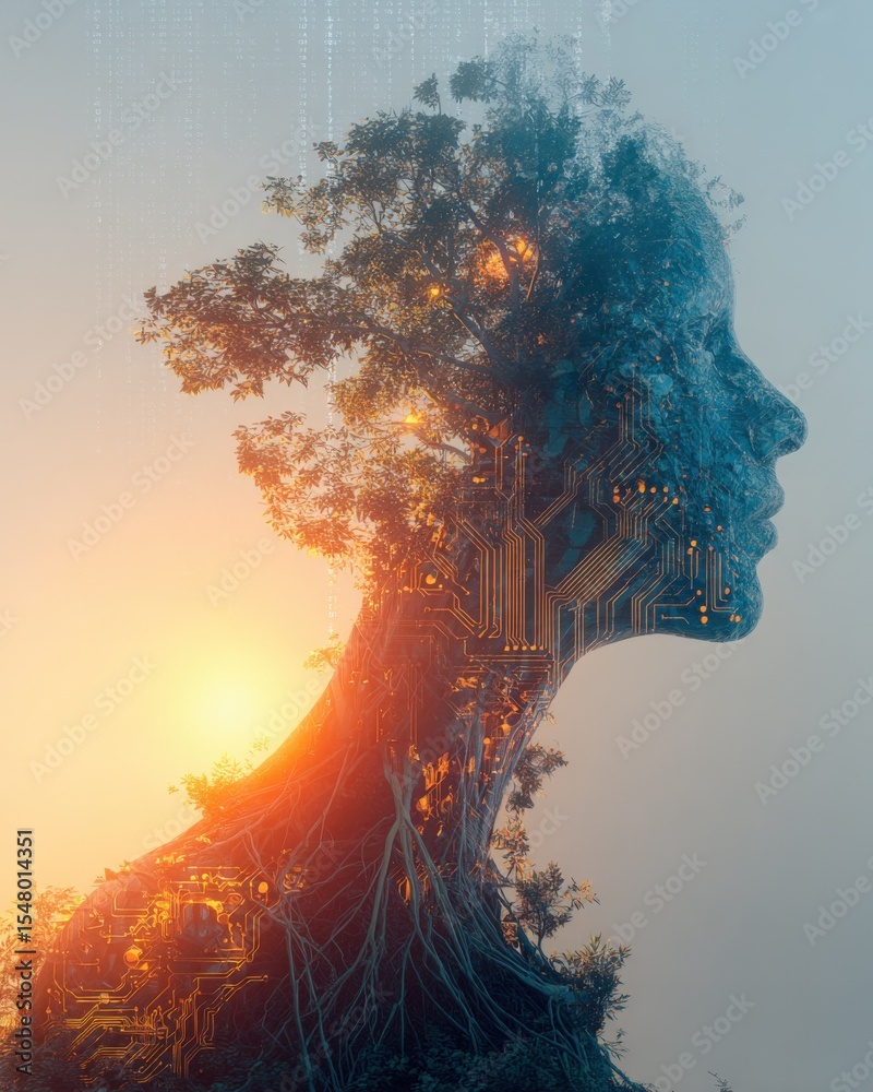 Poster futuristic double exposure art featu a woman's face blended with a tree and circuit board elements a