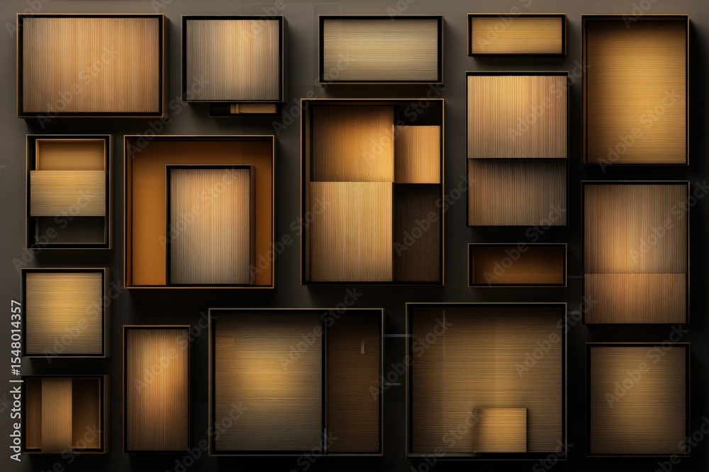 Aufkleber Assorted empty wooden picture frames of various sizes and shapes arranged with shadow effects in a flat layout