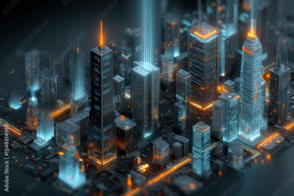 Poster futuristic夜景 of a glowing cityscape with illuminated skyscrapers and neon lights in a high-tech urba