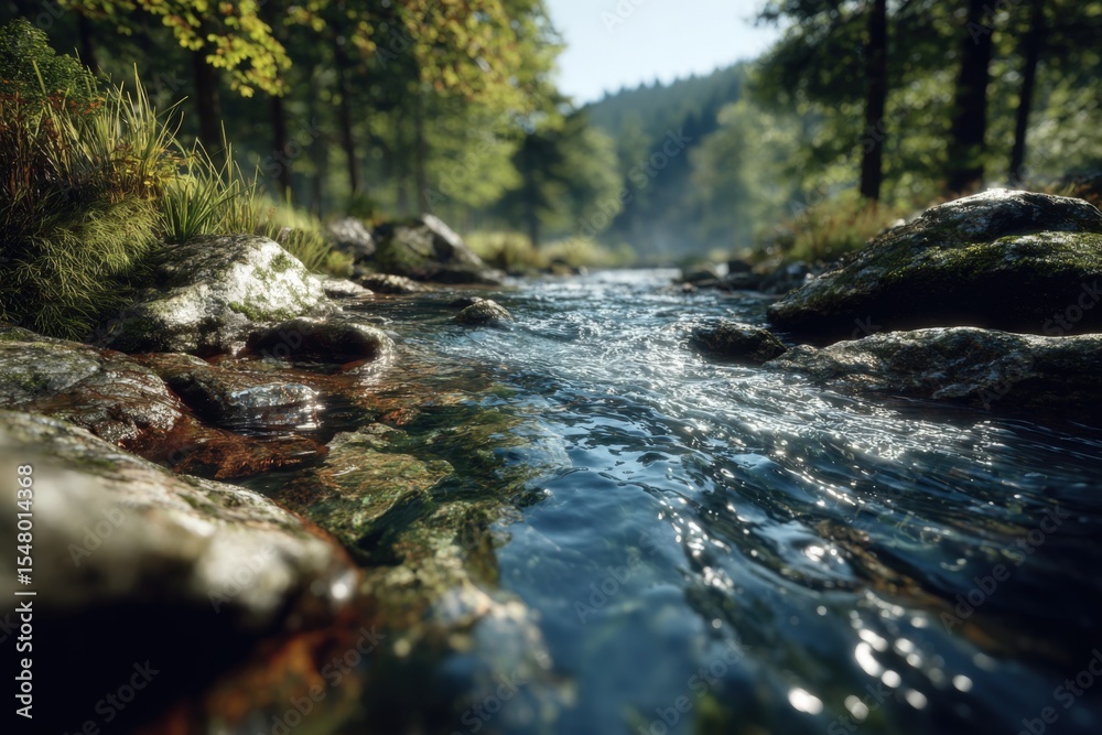 Poster tranquil forest stream flowing over rocks under sunlight with lush green trees in background for nat
