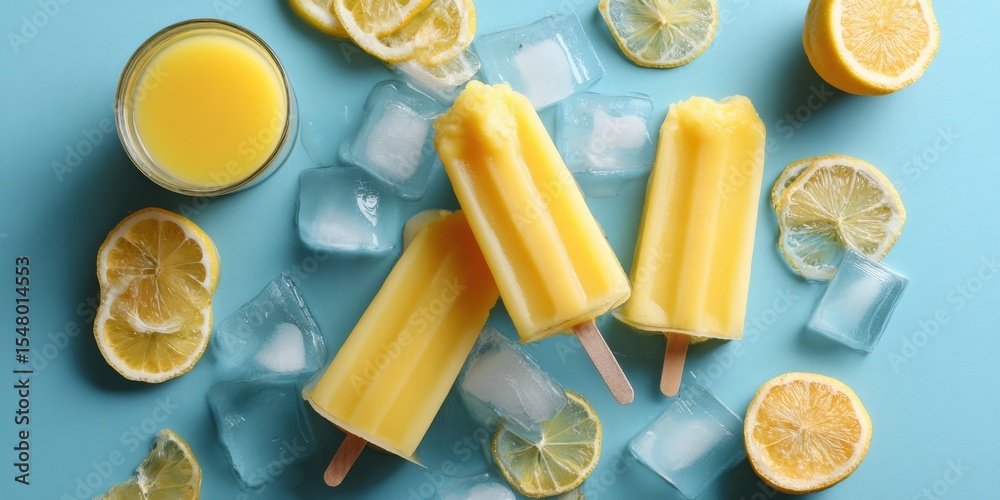 Aufkleber refreshing lemonade popsicles with lemon slices and ice cubes on bright blue background perfect for 