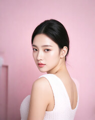 Skin care, beauty agency model, beautiful Asian woman standing sideways in front of pink background for beauty salon, skin care, dermatology poster modeling